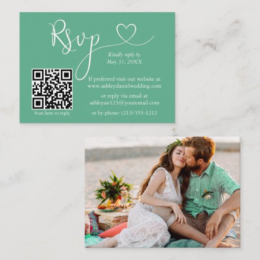 Carte D'accompagnement Calligraphie Coeur Mariage Neo Mint Green QR RSVP (Devant / Derrière)