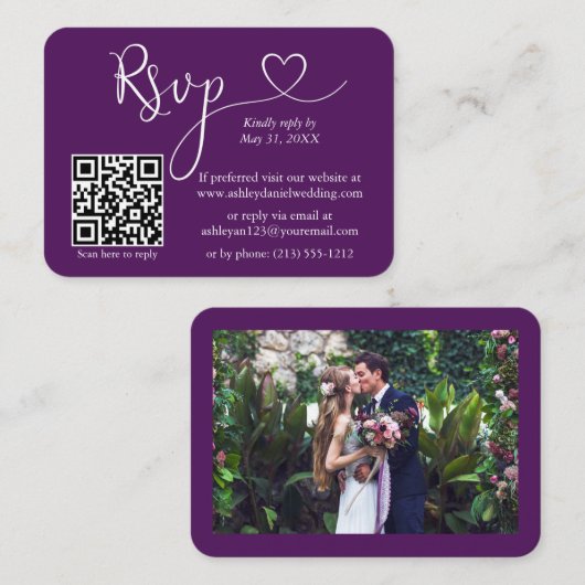 Carte D'accompagnement Calligraphie Coeur Mariage photo violet RSVP QR (Devant / Derrière)