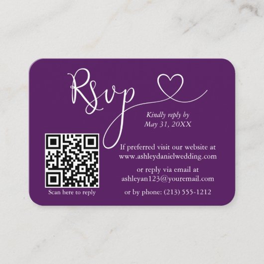Carte D'accompagnement Calligraphie Coeur Mariage photo violet RSVP QR (Devant)