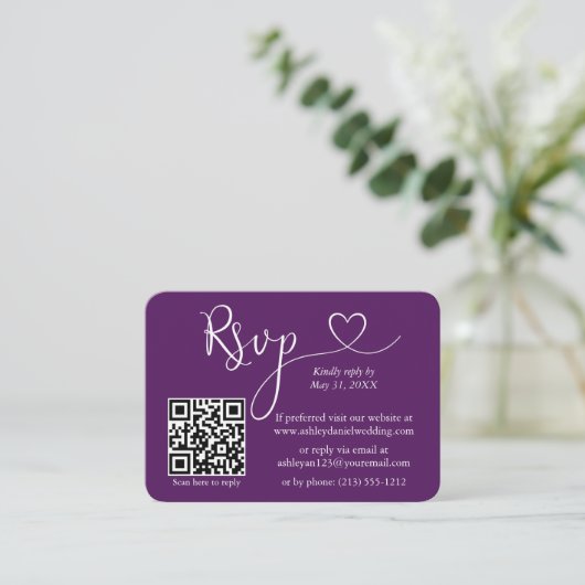 Carte D'accompagnement Calligraphie Coeur Mariage photo violet RSVP QR (Debout devant)