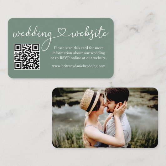 Carte D'accompagnement Calligraphie Coeur Mariage Web QR Photo Sage Green (Devant / Derrière)