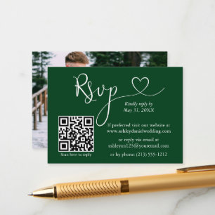 Carte D'accompagnement Calligraphie Coeur Photo Mariage Green QR RSVP