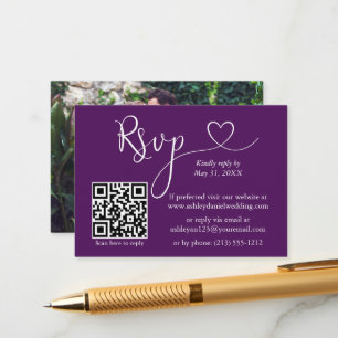 Carte D'accompagnement Calligraphie Coeur Photo Mariage Purple QR RSVP