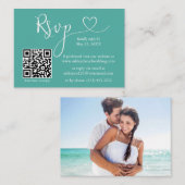 Carte D'accompagnement Calligraphie Coeur Photo Mariage Turquoise QR RSVP (Devant / Derrière)