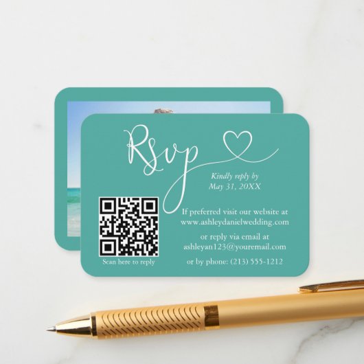 Carte D'accompagnement Calligraphie Coeur Photo Mariage Turquoise RSVP QR (Devant/Arrière en situation)