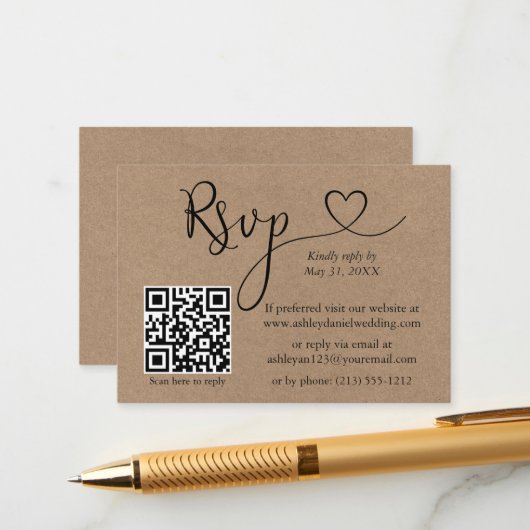 Carte D'accompagnement Calligraphie Coeur QR Mariage Kraft RSVP (Devant/Arrière en situation)