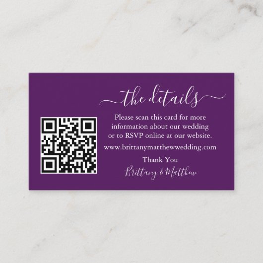 Carte D'accompagnement Calligraphie Détails du Mariage Site Web QR Purple (Devant)