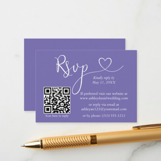 Carte D'accompagnement Calligraphie Mariage cardiaque QR RSVP Periwinkle (Devant/Arrière en situation)