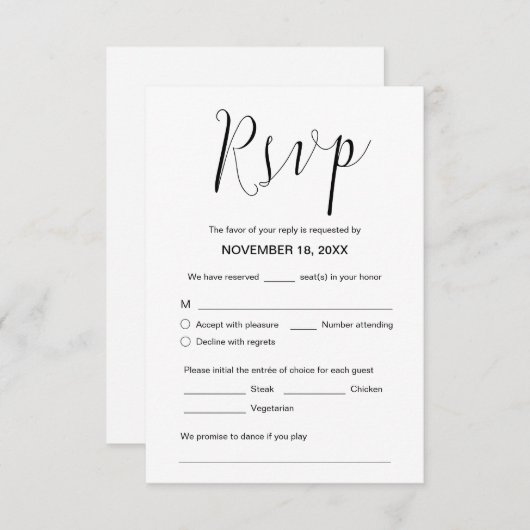 Carte D'accompagnement Calligraphie mariage, Script noir, Dîner RSVP (Devant / Derrière)