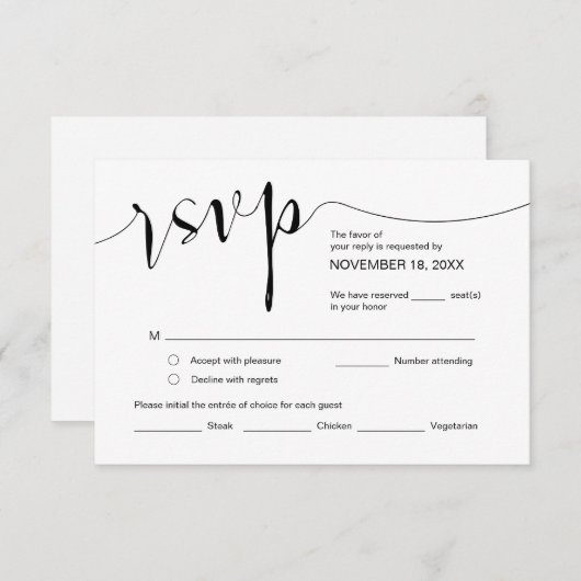 Carte D'accompagnement Calligraphie mariage, Script noir simple, RSVP (Devant / Derrière)