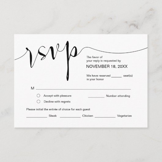 Carte D'accompagnement Calligraphie mariage, Script noir simple, RSVP (Devant)