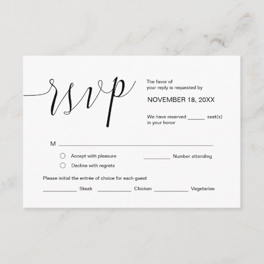 Carte D'accompagnement Calligraphie mariage, Script noir simple, RSVP (Devant)
