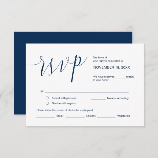 Carte D'accompagnement Calligraphie mariage, Simple Navy Blue Script, RSV (Devant / Derrière)