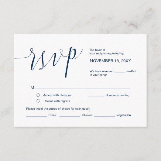 Carte D'accompagnement Calligraphie mariage, Simple Navy Blue Script, RSV (Devant)