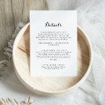 Carte D'accompagnement Calligraphie moderne Détails du Mariage<br><div class="desc">Cette carte d'enceinte mariage de calligraphie moderne est parfaite pour un mariage rustique. Le design sobre et élégant présente une typographie de script classique et sophistiquée en noir et blanc.</div>