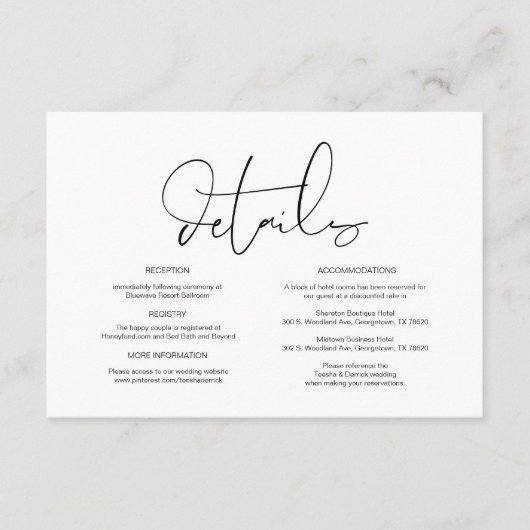 Carte D'accompagnement Calligraphie moderne, Détails du Mariage, Informat (Devant)