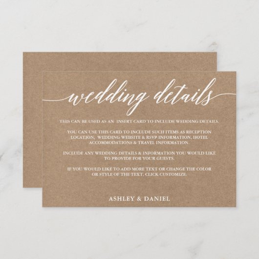 Carte D'accompagnement Calligraphie moderne Détails du Mariage Kraft (Devant / Derrière)