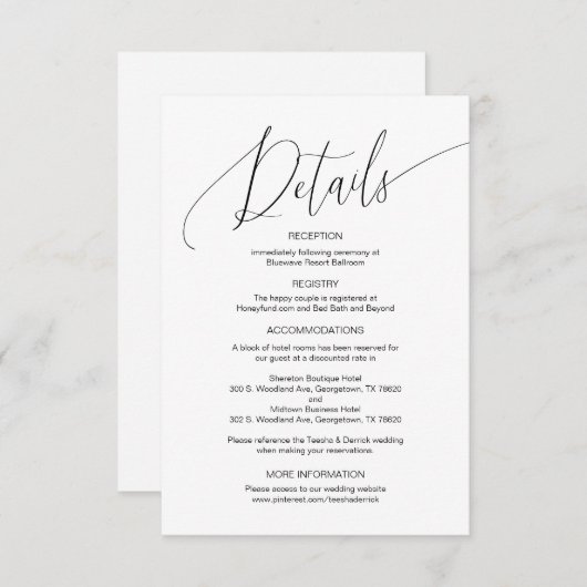 Carte D'accompagnement Calligraphie moderne, Détails Mariages, Informatio (Devant / Derrière)