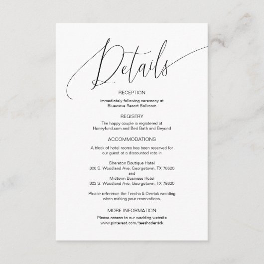 Carte D'accompagnement Calligraphie moderne, Détails Mariages, Informatio (Devant)