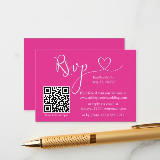 Carte D'accompagnement Calligraphie moderne Mariage cardiaque QR RSVP Hot (Devant/Arrière en situation)