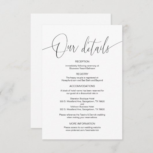 Carte D'accompagnement Calligraphie moderne, Mariage Détails informations (Devant / Derrière)