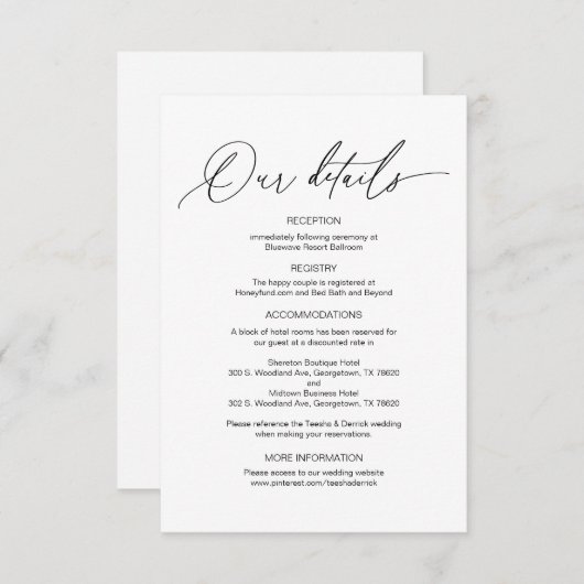 Carte D'accompagnement Calligraphie moderne, Mariage Détails informations (Devant / Derrière)