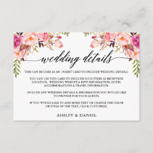 Carte D'accompagnement Calligraphie moderne Mariage rose Floral Détails