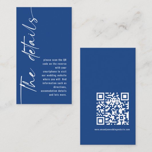 Carte D'accompagnement Calligraphie moderne QR Code Mariage bleu Détails (Devant / Derrière)