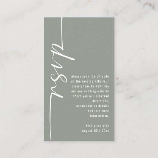 Carte D'accompagnement Calligraphie moderne QR Code Sage Wedding RSVP (Devant)