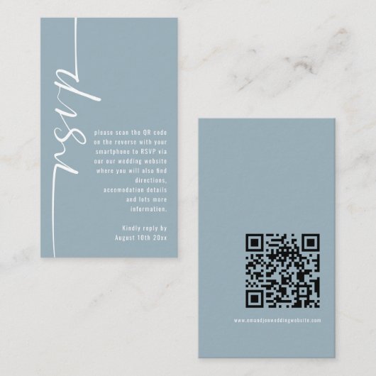 Carte D'accompagnement Calligraphie QR Code Dusty Blue Wedding RSVP (Devant / Derrière)