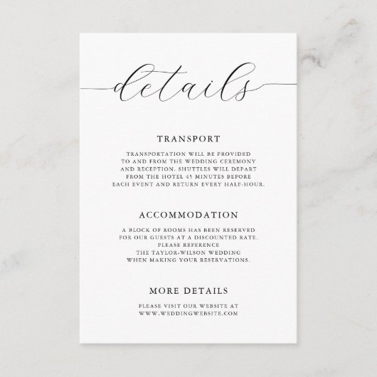 Carte D'accompagnement Calligraphie romantique moderne Détails du Mariage (Devant)