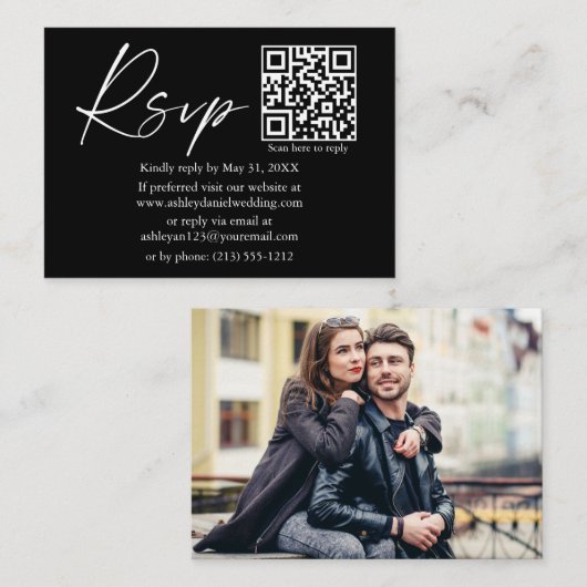 Carte D'accompagnement Calligraphie Script encre QR Mariage photo noir RS (Devant / Derrière)