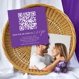 Carte D'accompagnement Calligraphie violette Code QR mariage photo RSVP