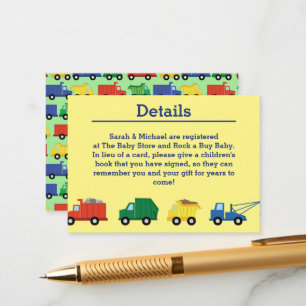 Carte D'accompagnement Camions Boy Baby shower Construction Cute