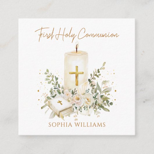 Carte D'accompagnement Candle Cross Bible Greenery First Holy Communion (Devant)