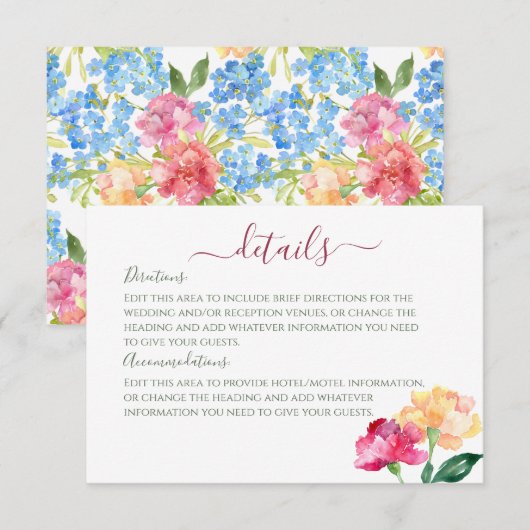 Carte D'accompagnement Carnations & Forget Me Nots Détails du Mariage (Devant / Derrière)