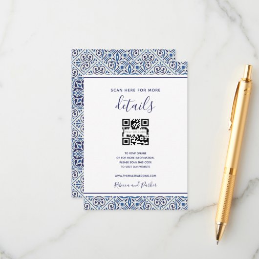 Carte D'accompagnement Carreaux bleus Détails du mariage Code QR insérer  (Devant/Arrière en situation)
