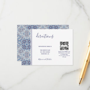 Carte D'accompagnement Carreaux bleus mariage Directions QR code insérer