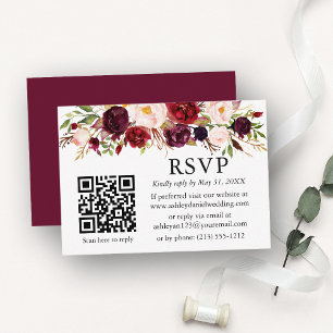 Carte D'accompagnement Carton de réponse de mariage floral burgundy aquar