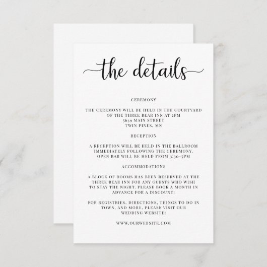 Carte D'accompagnement Carton d'invitation avec détails de mariage élégan (Devant / Derrière)