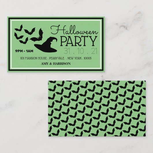 Carte D'accompagnement Casquettes et chauves-souris, Halloween Party Tick (Devant / Derrière)