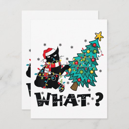 Carte D'accompagnement Ce drôle Chat Noir Père Noël Poussant Arbre de Noë (Devant / Derrière)