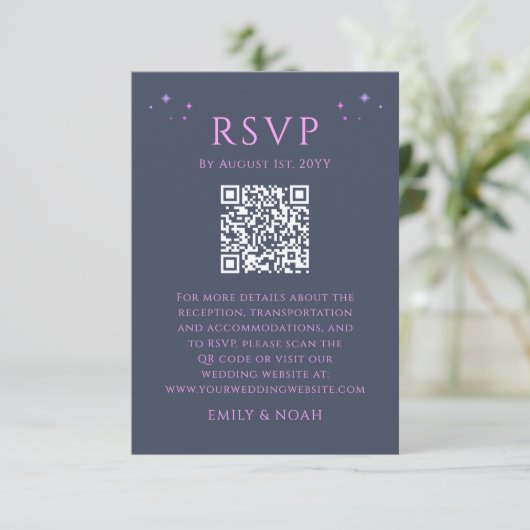 Carte D'accompagnement Céleste bleu violet budget QR Code RSVP photo (Debout devant)