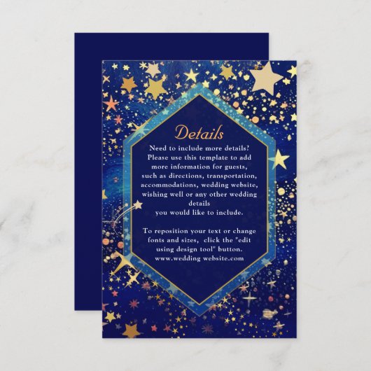 Carte D'accompagnement Céleste étoile nuit bleu détails mariage (Devant / Derrière)