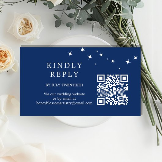 Carte D'accompagnement Celestial Elegant Wedding Navy Blue QR Code RSVP