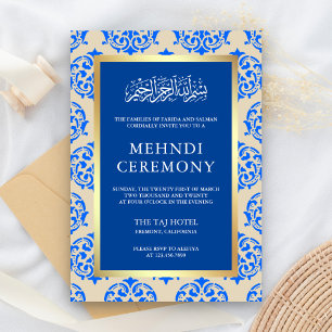 Carte D'accompagnement Cérémonie Faux Gold Foil Blue Damask Islamic Mehnd