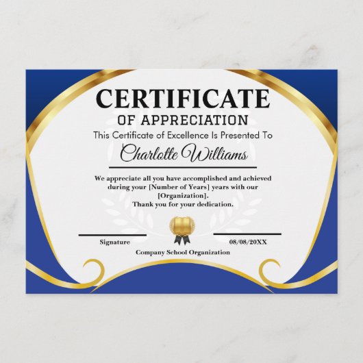 Carte D'accompagnement Certificate of Appreciation Blue Gold Elegant (Devant)