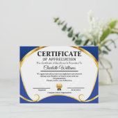 Carte D'accompagnement Certificate of Appreciation Blue Gold Elegant (Debout devant)