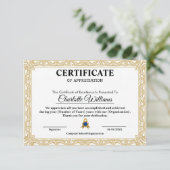 Carte D'accompagnement Certificate of Appreciation Gold Elegant Template (Debout devant)