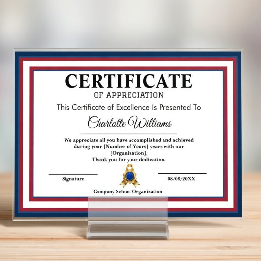 Carte D'accompagnement Certificate of Appreciation Patriotic Wall Art